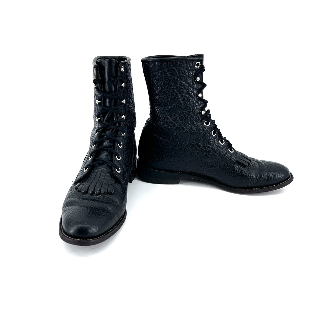 Justin Mens Lace Up Roper Boots 8.5 Black Leather Kiltie Ankle Workwear Moto